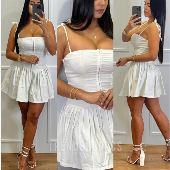 White Corset Style Mini Fit and Flared Dress Shoulder Tie Straps - Picture 9 of 16